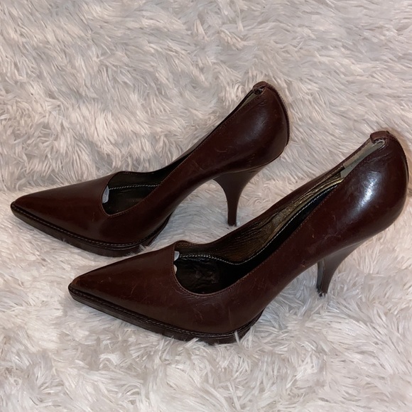 PRADA Milano Brown Leather Pointy Toe Pump Heels Shoes Size 38.5. - Picture 4 of 6